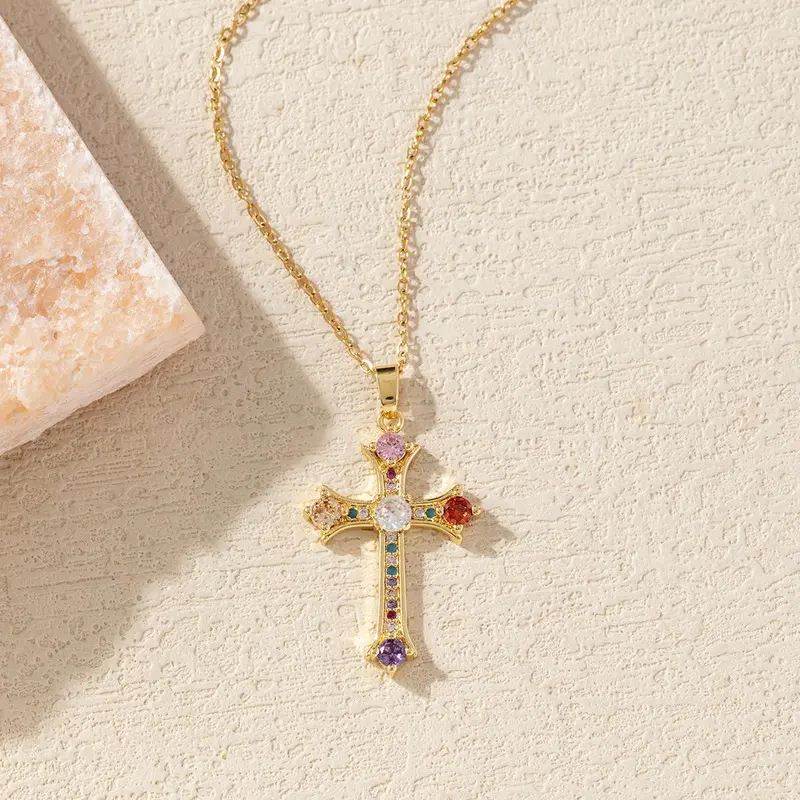 Ferrberty Unisex 14K Gold Cross Necklace - Christian Pendant with Sparkling Cubic Zirconia, Enamel, Hypoallergenic High-Quality Gold-Plated Metal Chain with Metal Coating, Casual/Party Wear Spiritual Jewelry, Ideal Gift