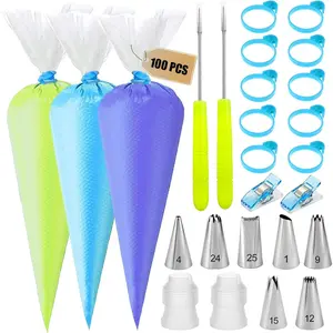 Piping Bags and Tips Set - 100 12Inch Disposable Pastry Piping Bags for Royal Icing with 7 Frosting Tips, 10 Icing Bags Ties, 2 Scriber  - Tipless Piping Bags Kit for Cookies & Cake Decorating