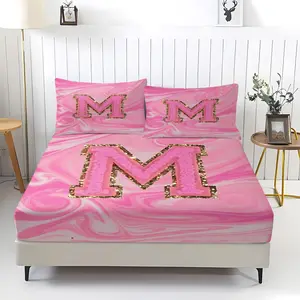 3Pcs Letter M Pink Marble Swirl Gold Glitter Border Fitted Sheet Set, Soft Breathable Polyester Bedding Set, Glam Preppy Decor for Women’s Bedroom, Master Bedroom, Luxury Bedroom, Filler Not Included