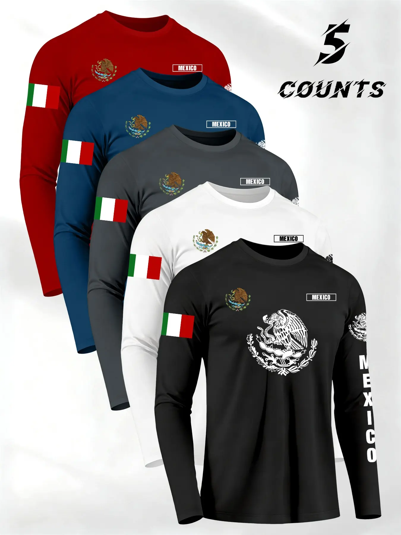 Mexican Theme Emblem Print Round Neck Long Sleeve T-Shirt Set, 5 Pieces, Workout Athletic Shirts, Active T Shirts, Sporty Attire, Athletic Style, Sporty Fitted Design, Fitted Design Activewear, All Seasons Wear, Trendy & Professional Performance