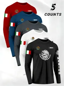 Mexican Theme Emblem Print Round Neck Long Sleeve T-Shirt Set, 5 Pieces, Sporty Fitted Design, All Seasons Wear, Trendy & Professional Performance