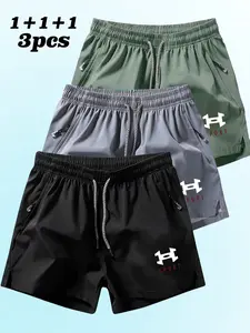 3-Pack Quick-Dry Sport Shorts, Running Fitness Swimming Beach, Men's Simple Sport Letter Print, Ice Silk Breathable Fabric, Unisex, Running Athletic Shorts