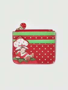 Strawberry Shortcake | ROMWE Cartoon Figure & Polka Print Cartoon Zipper Card Case With Keychain, Small Storage Pouch