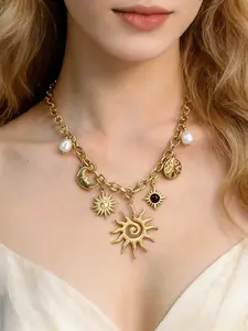 Golden Moon Sea Star Moon Pendant Necklace, in a Bohemian style, featuring a mixed design of multiple elements. Perfect for beach vacations and daily use. An ideal gift for her, Bohemian Charm, Boho Style Necklace