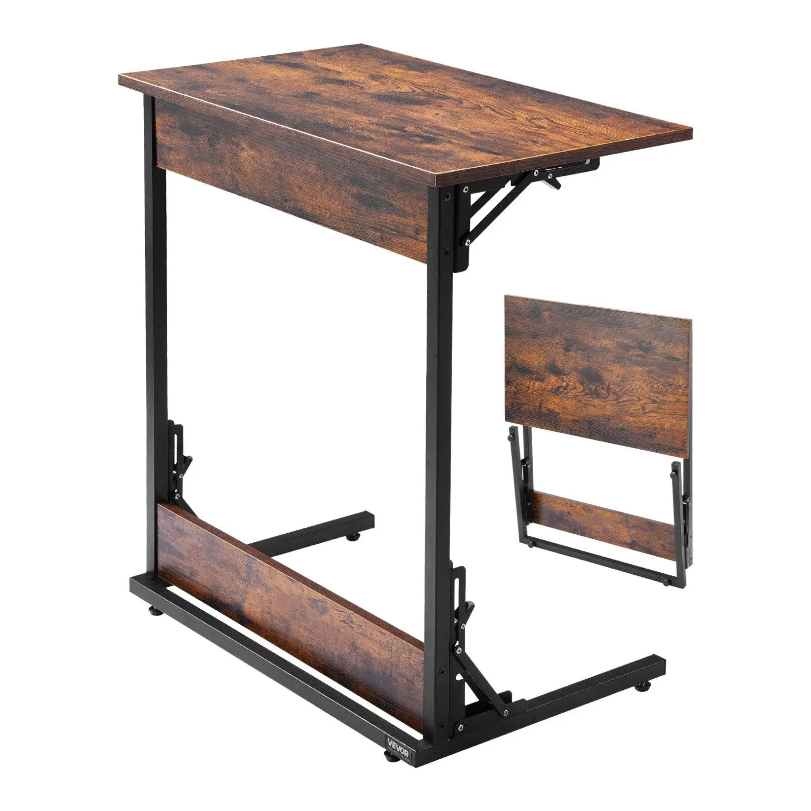 Foldable C Shaped Side Table, Sturdy Metal Frame End Table with Adjustable Anti-Slip Feet, Space-Saving Sofa Bedside Tray Table, Easy Assembly Stable Laptop Snack TV Tray for Living Room Bedroom Office