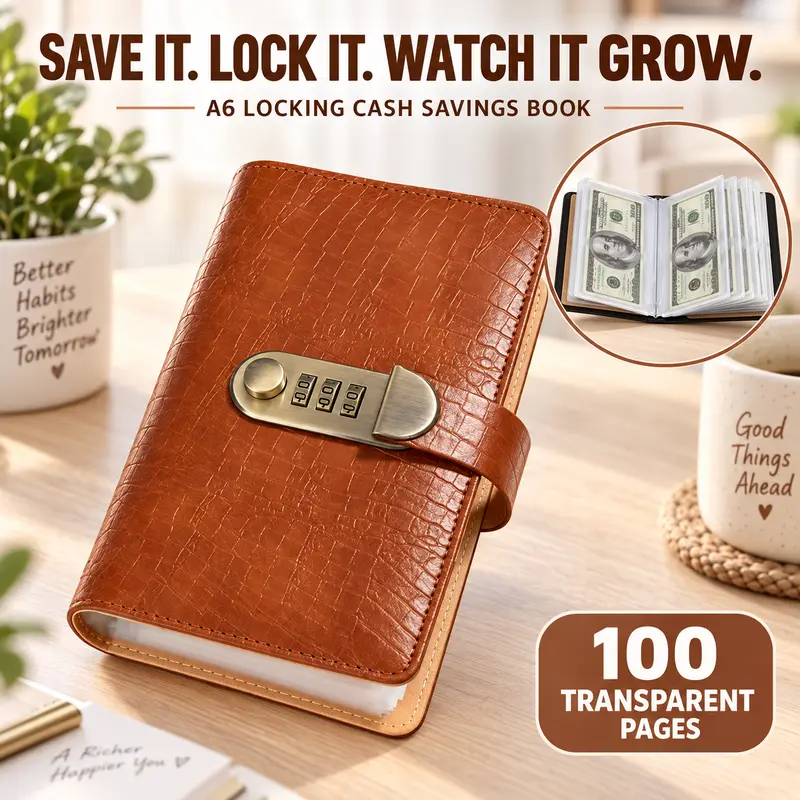 PU Leather A6 Money Savings Book with 3-Digit Lock Security, 100-Page Envelope Design, Transparent Pockets, Cash Storage Album & Budget Planner for Office Accounting Supplies, 100 Pages