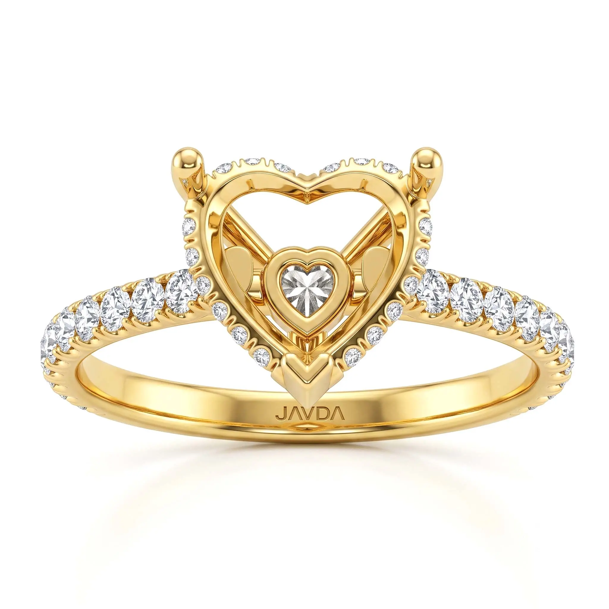 Heart French U Pave Hidden Halo Diamond Semi-Mount Engagement Ring | 14k White/Yellow/Rose Gold | 0.52 CTW Lab Diamonds | Fits 1ct to 6ct Heart Center Stone | JAVDA