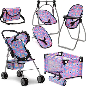Baby Doll Stroller Bed and Swing Nursery Playset – Deluxe Baby Doll Accessories Furniture Set with Convertible High Chair, Swing, Crib, Diaper Bag & Stroller – Blue Floral Pretend Play Set for Girls Ages 3+