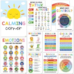 Peaceful Corner Classroom Poster Set, 12 Pieces for Therapy Rooms, Mental Health Wall Art & Positive Classroom Decor