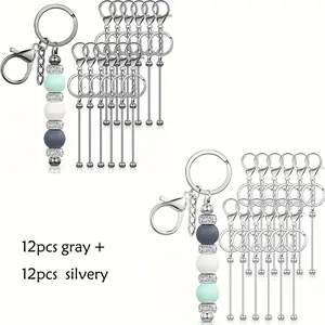 24pcs Beadable Keychain Bars Bulk Beads Kit with White, Grey & Turquoise Beads (12 Each) - DIY Keychain Making Supplies for Charms, Bracelet-like Chains, Gifts for Women, Men, - Compatible with Bead Loom
