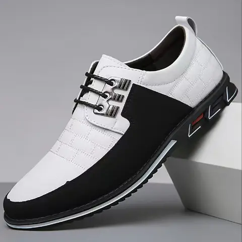 Men's Flat Business Casual Shoes, Office Work Footwear, PU Leather with Embossed Texture, PVC Sole, Low-Top Narrow Fit for All Seasons