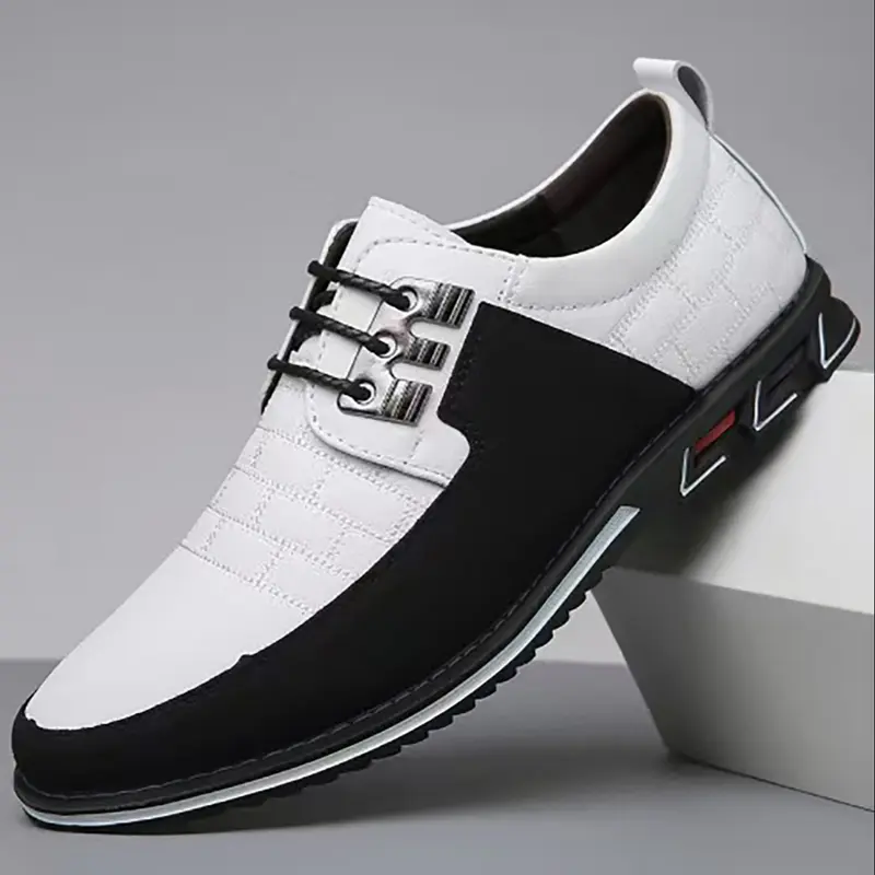 Men's Flat Business Casual Shoes, Office Work Footwear, PU Leather with Embossed Texture, PVC Sole, Low-Top Narrow Fit for All Seasons