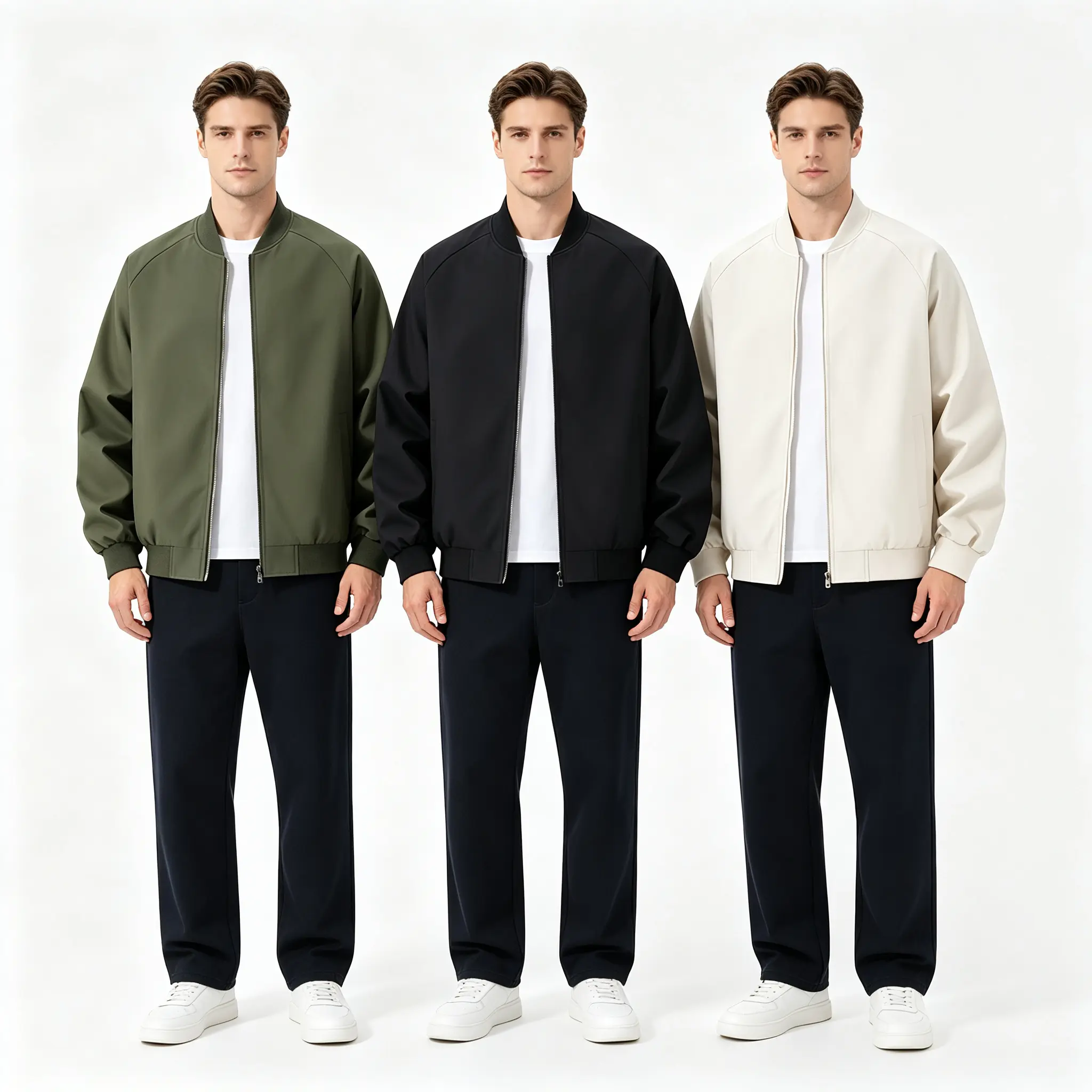 Men’s 3-Piece Solid Color Baseball Aviator Jacket Set, Lightweight Windproof Full-Zip Stand-Collar Loose-Fit Casual Outerwear for Weekend Streetwear, Menswear Coats