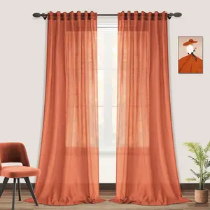 Terracotta Sheer Curtains 84 Inches Long - Boho Curtain for Bedroom Bohemian Semi Sheer Curtain Burnt Orange Burlap Light Flitering Rod Pocket Linen Curtain, Fall Autumn Decor for Living Room