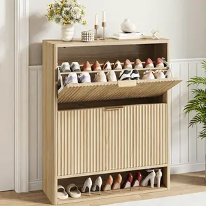 IRONCK Fluted Shoe Cabinet Storage with 2 Flip Drawers, Narrow Shoe Cabinet with Adjustable Shelves for Entryway, Slim Shoe Rack Cabinet for Hallway