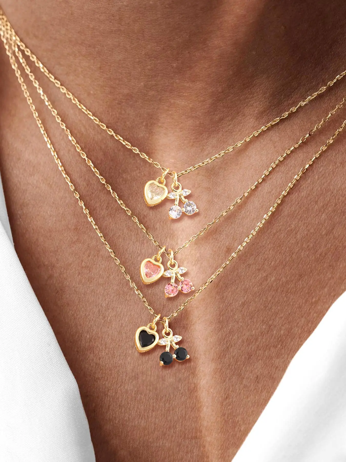 Women's Stainless Steel Chain Necklace, Heart Cherry Design, Casual Fashion Jewelry for All Seasons
