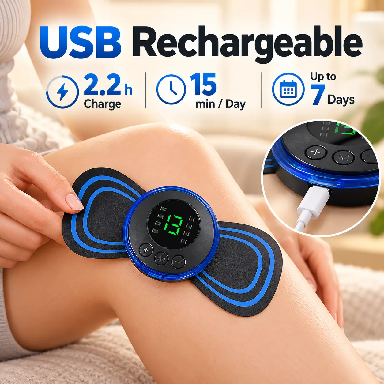 Rechargeable EMS Muscle Stimulator Massage Pad with Remote Control, 8 Modes, 19 Intensity Levels, USB Charging, Portable Electric Pulse Massager