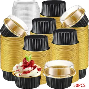 50pcs Aluminum Foil Baking Cups with Lids, 5oz Mini Cake Pans, Caramel Custard Molds, Pancake Dessert Containers, Ideal for Weddings, Birthdays, Disposable Bakeware