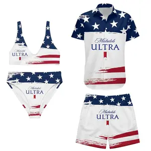 Michelob Ultra Matching Swimwear for Couples, Patriotic American Flag Design Bikini Top and Men Mesh Shorts for Beach Party and Pool Days, Gift for Beach Lovers