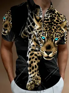Men's Short Sleeve Polo Shirt with Leopard Print Tropical, Summer Fashion Trendy Slim Casual Top, Polyester Breathable Men's Clothing, Menswear