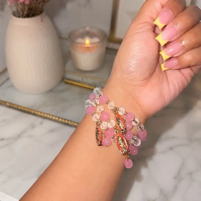 Pink Bead Virgin Mary Catholic Bracelet - Adjustable Drawstring with Pink Virgen Maria Charm, Multi-Dimensional Beads, Perfect for Any Occasion