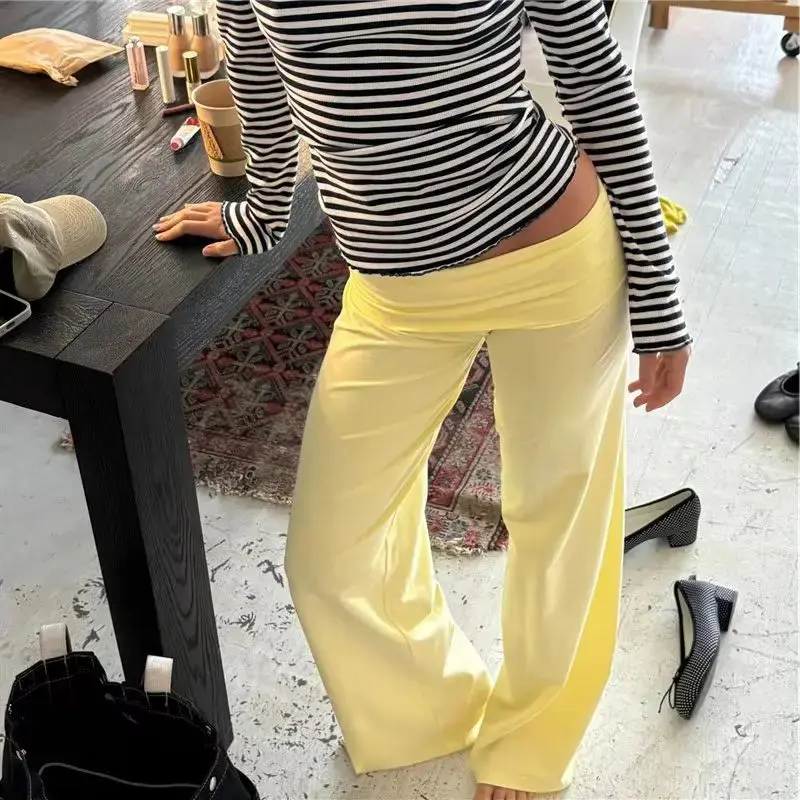 Amerie Fold-Over Y2K Flare Pants – Women’s High Waisted Wide Leg Lounge Pants, Foldover Waist Flared Trousers, Y2K Casual Streetwear, Soft Comfy Yoga & Everyday Pants, Trendy Going-Out Bottoms