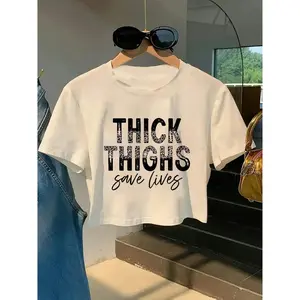 Thick Thighs Save Lives Graphic Crop Tee Womens Funny Body Positive Statement T Shirt Casual Streetwear Soft Short Sleeve Summer Outfit Top