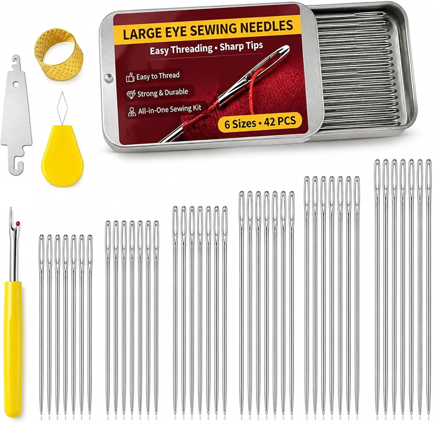 42 Pcs Large Eye Hand Sewing Needles, 6 Sizes Easy Threading Sharp Stainless Steel Sewing Needles Kit with Threader, Thimble, Seam Ripper & Metal Case for Mending, Embroidery, Leather & Crafts