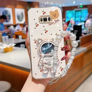S8 Fashion Series Pearl Strap Lanyard Phone Holder Protective Case For Compatible With Samsung Galaxy S8 Plating Cover and Durable Cherry Cute Brown Little Bear Protector Cases Accessories