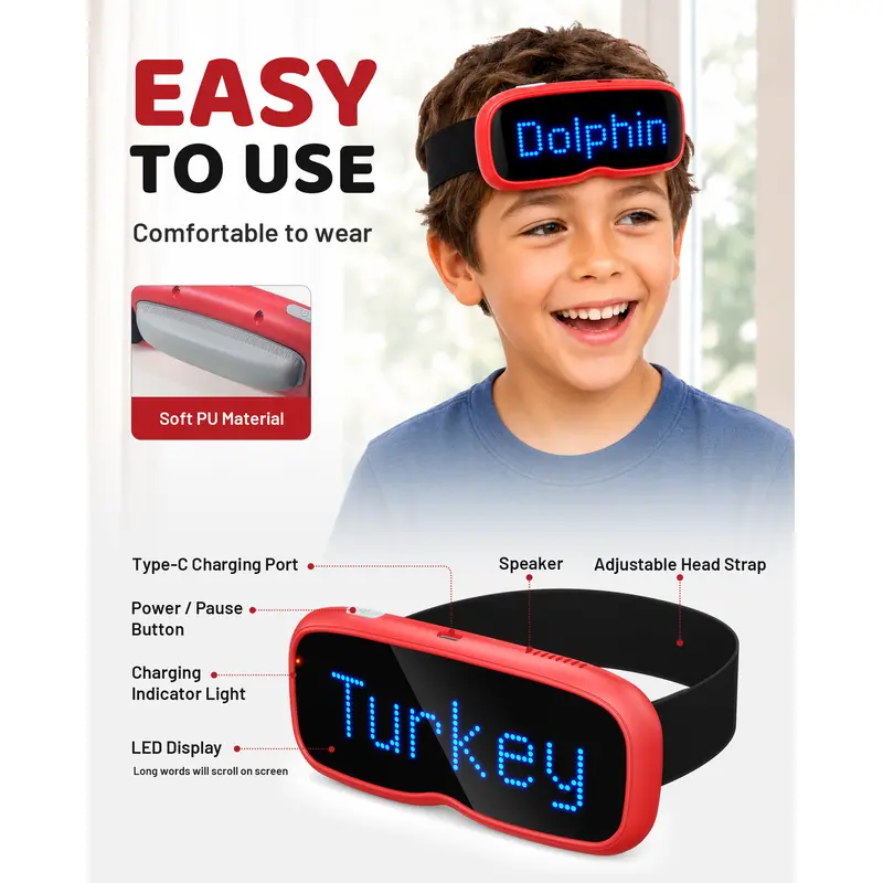 Boy wearing the LED headband with labeled parts: Type-C charging port, power button, LED display, speaker and adjustable strap