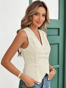 A sleeveless women's vest with a solid color and hollow floral pattern, Summer, featuring a vintage style, it is suitable for everyday light vintage outings, casual gatherings with friends, or relaxed coffee shop occasions
