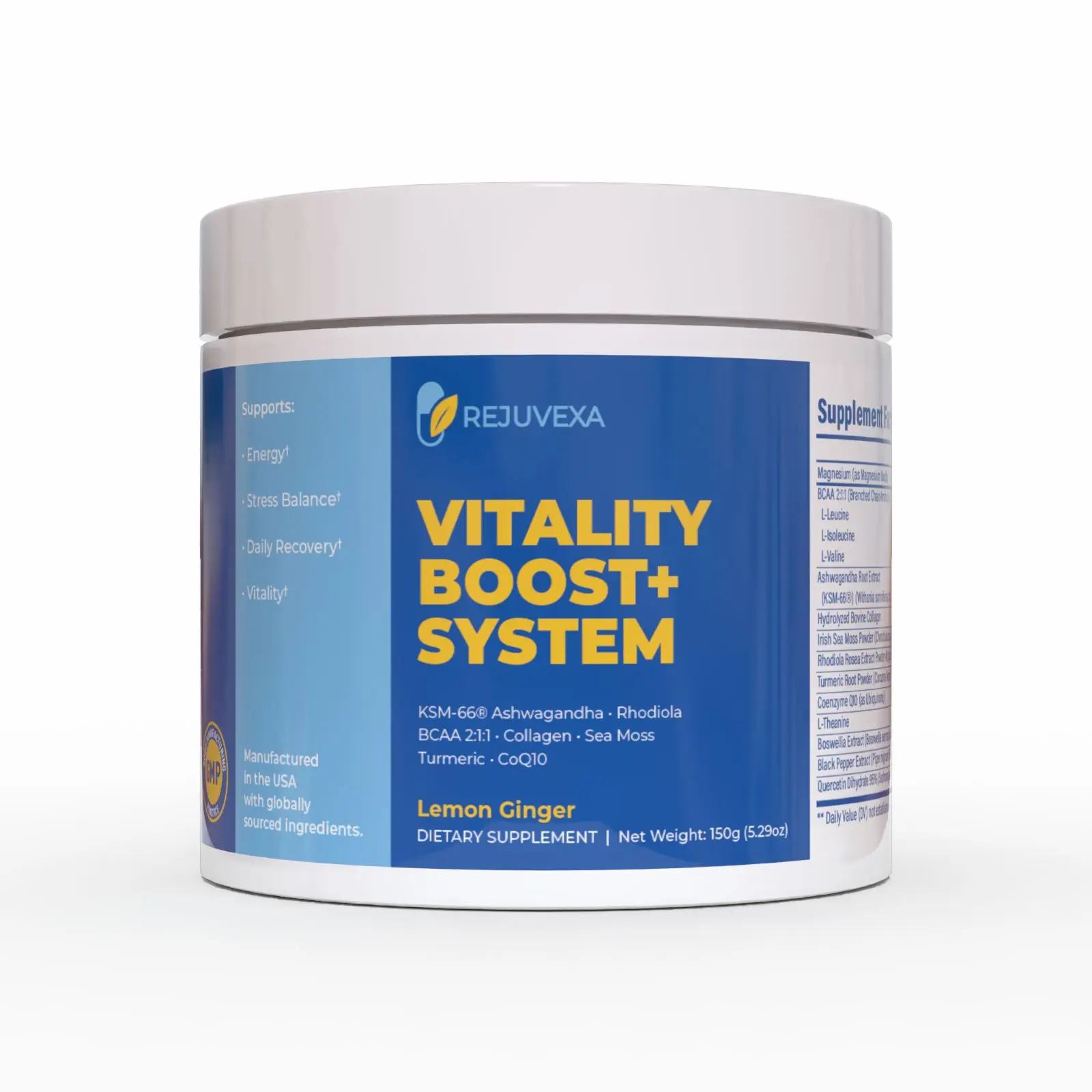 Rejuvexa Vitality Boost+ System – Daily Energy & Stress Support Powder with Ashwagandha, BCAA, Magnesium, CoQ10 & Collagen – Lemon Ginger – 30 Servings – Made in USA