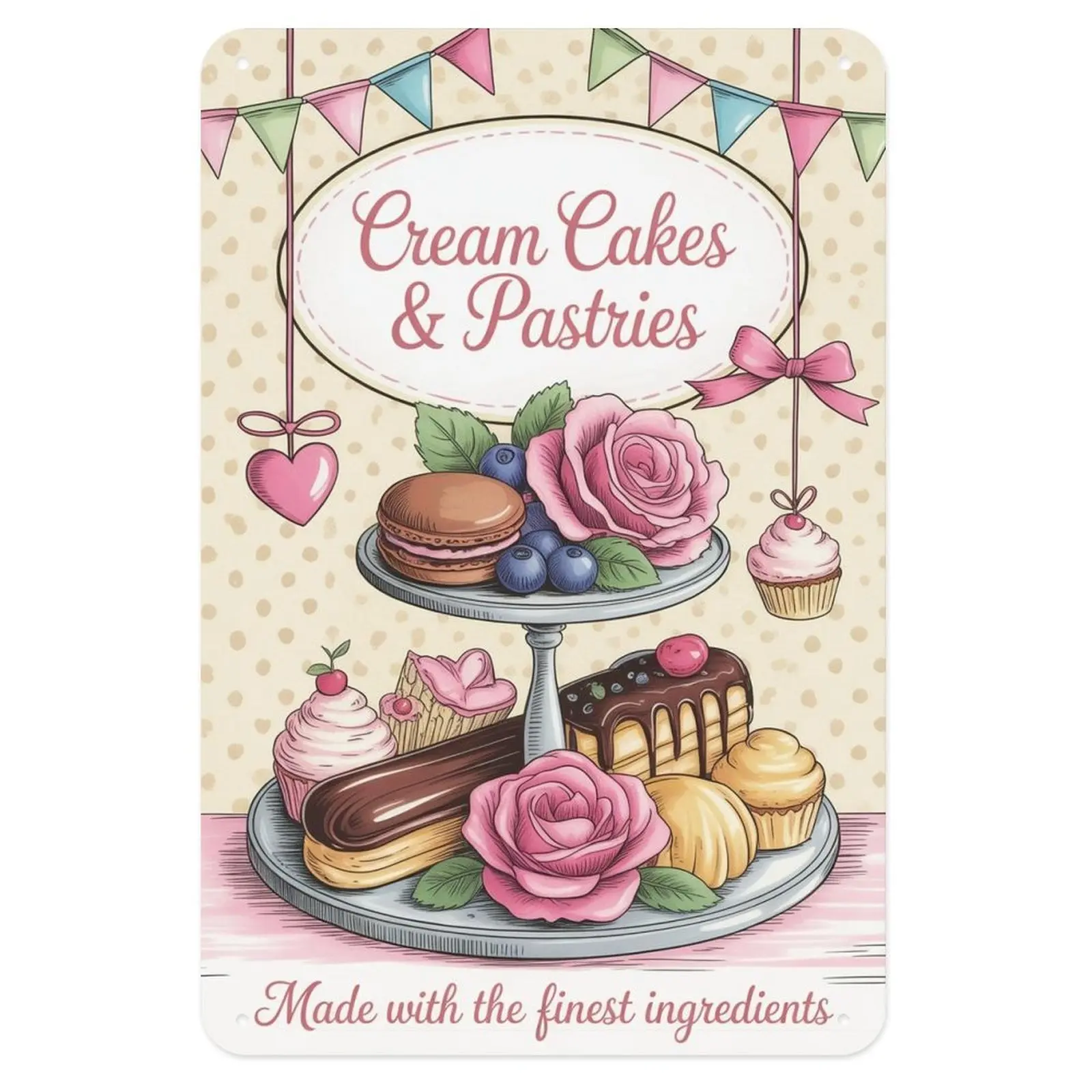 Cream Cakes & Pastries Tin Sign, Vintage Bakery Cafe Metal Sign Print Aesthetic Room Decoration for Home Bedroom Kitchen Bar Coffee Bathroom Indoor Outdoor Wall Decor, 8 X 12 in