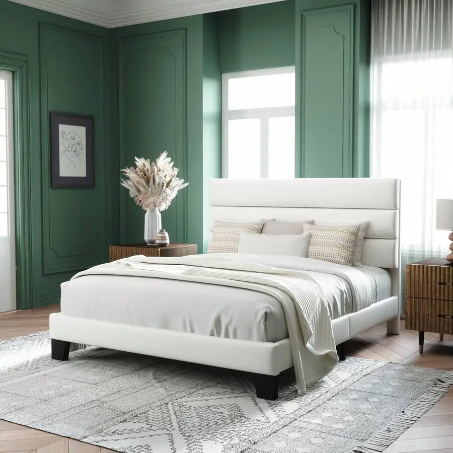 Twin/Full/Queen/King Size Platform Bed Frame With Velvet Upholstered Headboard And Wooden Slats Support, Fully Upholstered Mattress Foundation, No Box Spring Needed, Easy Assembly, White * Bed Frame Queen Queen Bed Frame Bed Frame Full