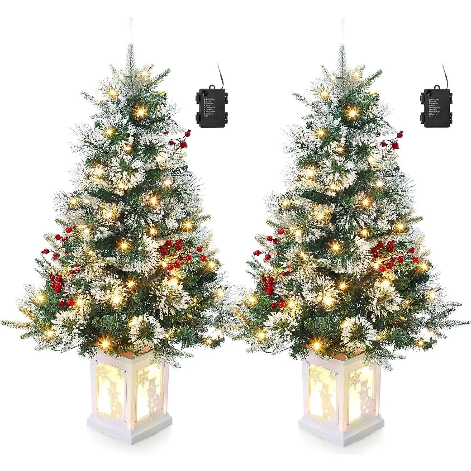 3 Ft Christmas Tree with Snowman Base,Artificial Holiday Christmas Tree with 78 Led Lights, Red Berry Decorations, 8-Mode Battery Box, Holiday Ready, Easy Installation, 2-Piece Set
