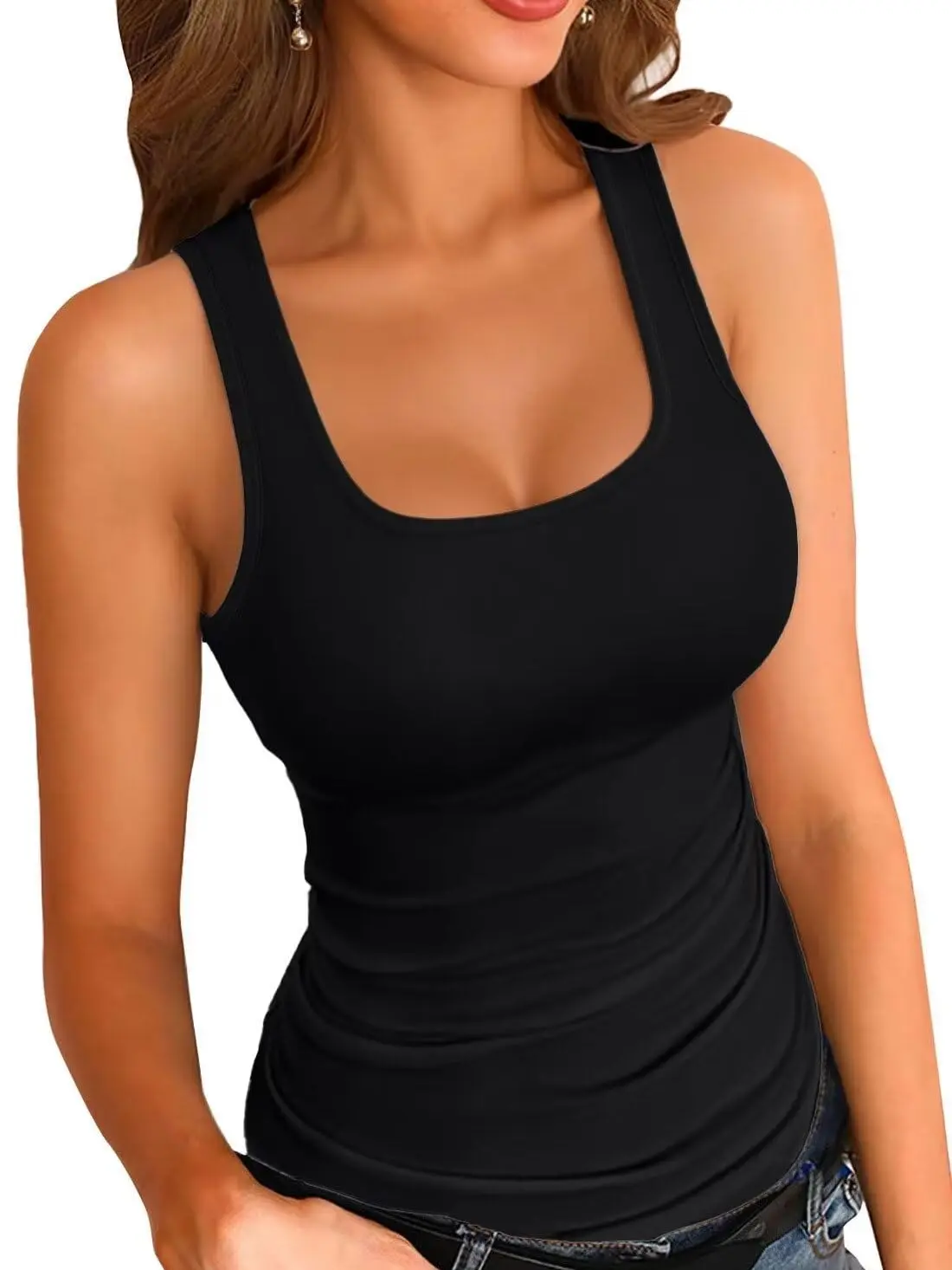 VAFFUL Women's Fashion Boat Neck Square Neck Ribbed Tank Top - Breathable, Minimalist, Solid, Sleeveless, Low Cut, Slim Fitted, Casual Basic Sexy Womenswear Top,clothes for back to school,first day of school outfits