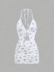 Women's Crop Halter Top & Skirt Two-piece Set, Casual Tie Back Top & Skirt for Beach Holiday Vacation, Ladies Summer Clothes