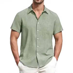 Alimen Men's Linen Shirts Short Sleeve Dress Shirts for Men with Pocket Vacation Beach Summer Party Wedding Casual Button Down Shirts, Lightweight Breathable Comfort Soft Fabric Spread Collar Linen Shirts for Men Summervibes