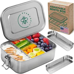 EVERUSELY Stainless Steel Lunch Box 47 oz 1.4 L with 2 Adjustable Dividers Leakproof Bento Container for Adults Food Storage for Work Picnics Travel