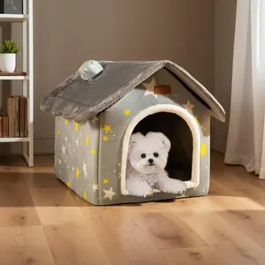 Winter Warm Enclosed Dog House L Grey Foldable Indoor Pet Bed with Memory Sponge Removable Cushion Plush Cat Nest Puppy Cave Sofa for Small Medium Large Dogs Cats Arctic Velvet Diamond Velvet Soft Material