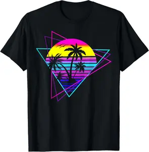 Palm Tree Retro Palm Tree 80s Eighties Summer Vacation Beach T-Shirt Summer Gift Short Sleeve Adult Shirt, Pure Cotton Men's and Women's Tops actual  80s  clothing