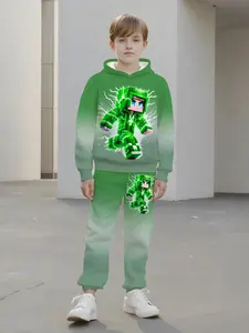Minecraft Hoodie Set for Boys, Gradient Hooded Sweatshirt & Pants Two-Piece, Casual Slim-Fitting Spring & Fall