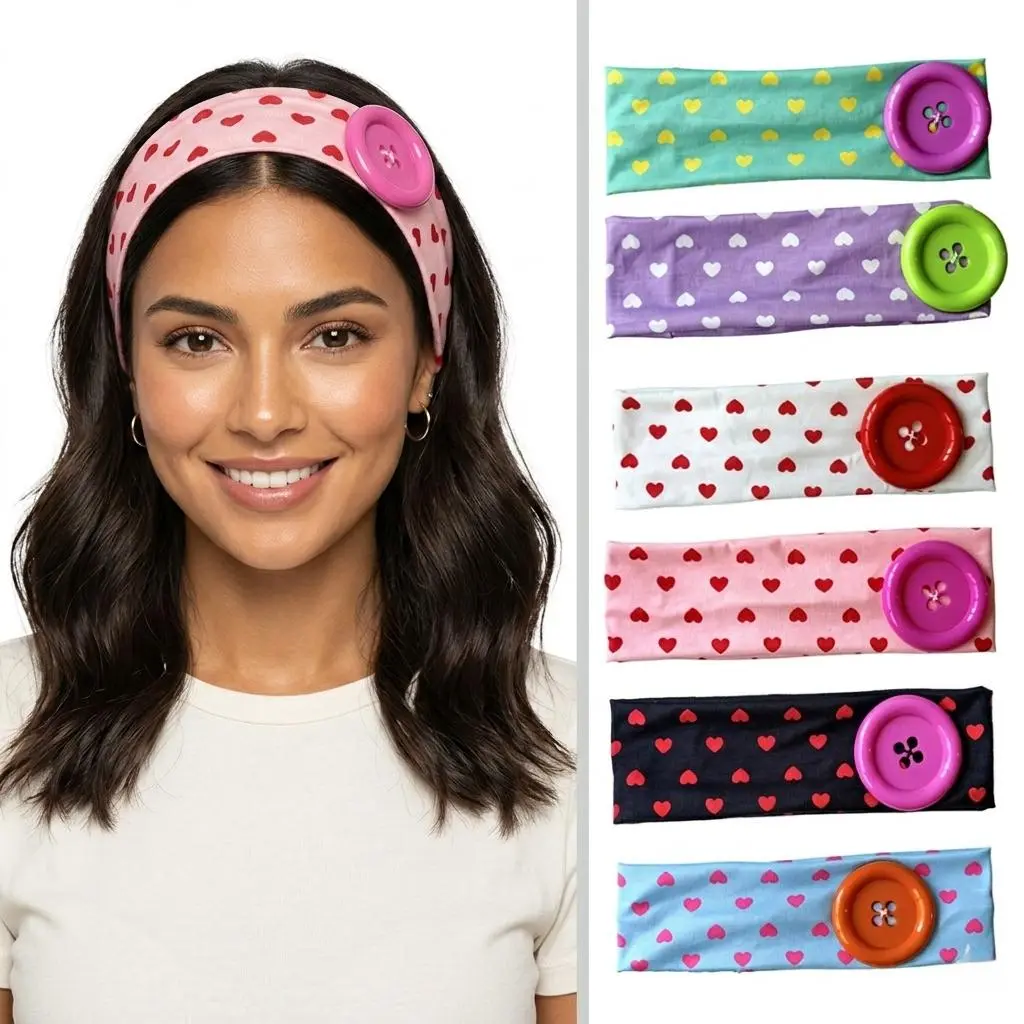 Female Striped Sports Headbands - Non-Slip Elastic 2.75in Thick Fabric Hair Accessory with Big Button, Valentine's Day Heart Headband for Women