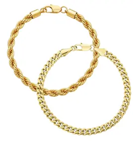 Gold Bracelet Combo Set for Men - 14K Gold 5mm Curb Bracelet + 6mm Rope