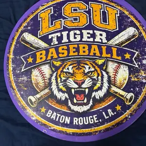 LSU Tiger Baseball 18" Wooden Round Sign for Man Cave Rustic Check Car Print Decor