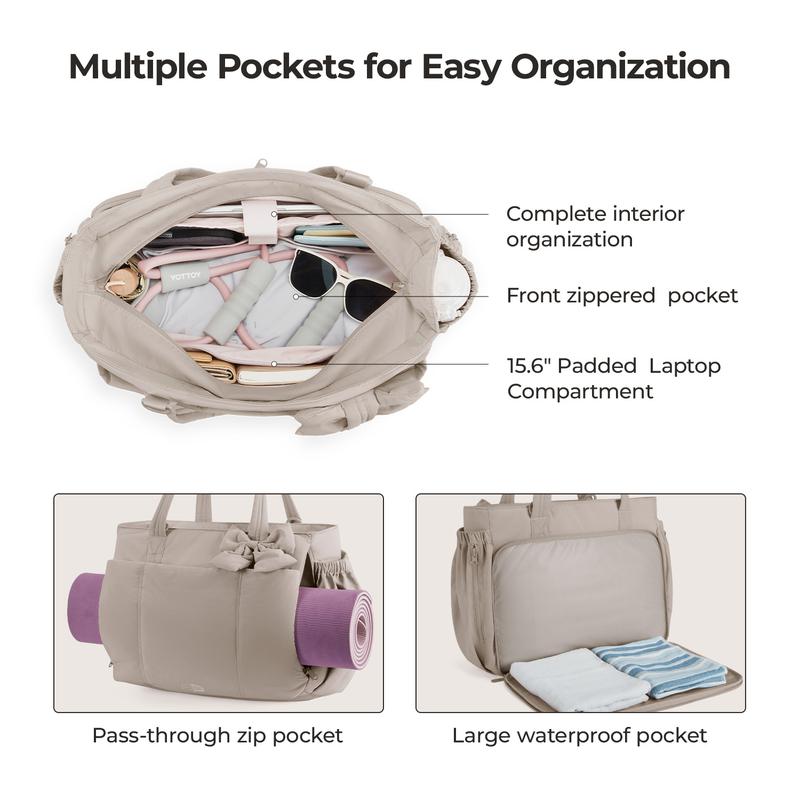 BAGSMART Crush Bow Tote Bag for Women 15.6" Laptop Friendly Lightweight Puffy Handbag with Removable Bow & Multiple Compartments for Travel Work Beach Gym 20L Capacity