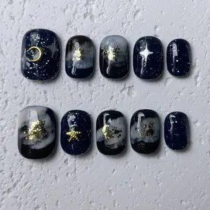 [Midnight Constellation] Short Square Handmade Press on Nails, Fake Nails with Nail tool kit with Jelly Stickers, Reusable, Durable