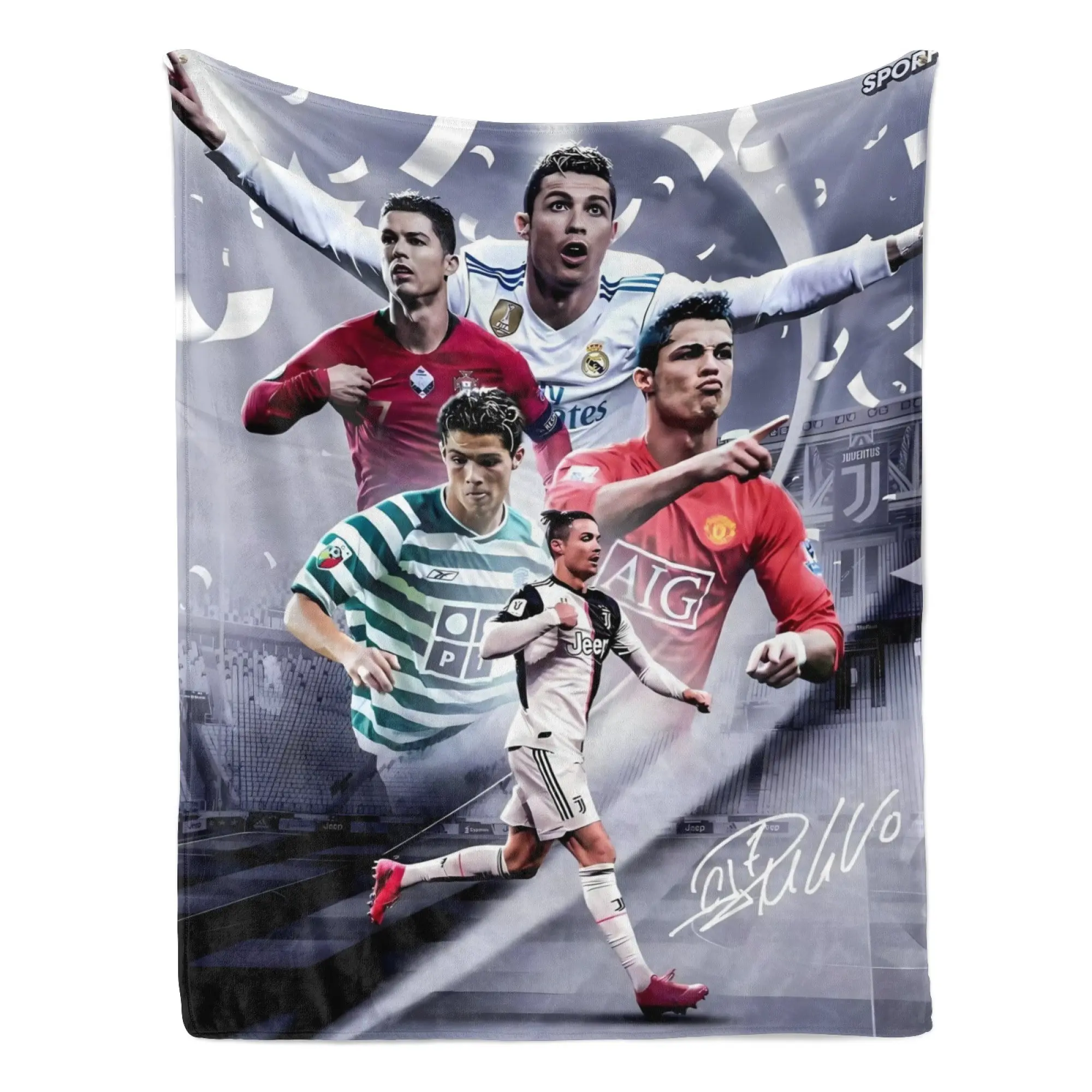CR7 Full Career Timeline Blanket, Multi Club Vintage Portrait Flannel Throw With Signature Element, Collectible Sports Souvenir Present For Longtime Cristiano Ronaldo Supporters