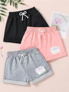 Girls 3-Pack Casual Sweat Shorts, Elastic Waist with Cute Bow Drawstring, "Easter is for Jesus" Print Rolled Hem Shorts in Black/Pink/Gray, Summer Loungewear for Kids