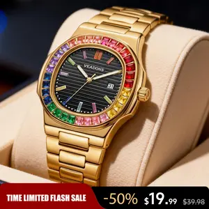 Brand Counter Authentic Premium Boutique Luxury Square Wristwatch – Rainbow Crystal Accents | High‑End Men’s Timepiece with Diamond Mirror Finish  | Versatile Casual & Business Look | Ideal Gift for Him | Stylish Wristwatch with Date Function